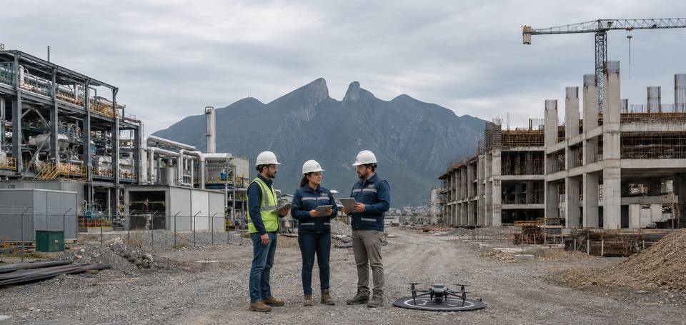 Personal técnico revisando información entre una instalación industrial y una obra, con el Cerro de la Silla al fondo.